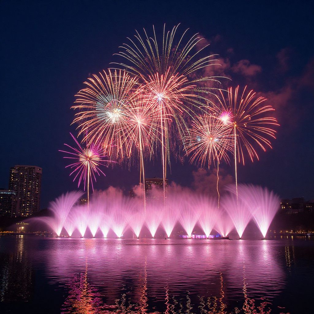 Spectacle nocturne avec feux d'artifice et fontaines